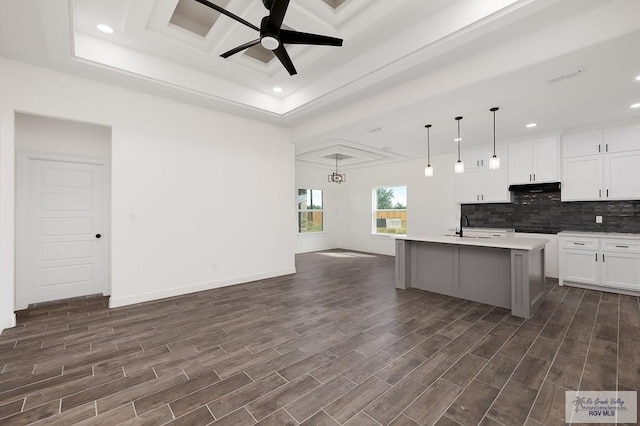 kitchen featuring pendant lighting, dark hardwood / wood-style floors, white cabinetry, and a kitchen island with sink