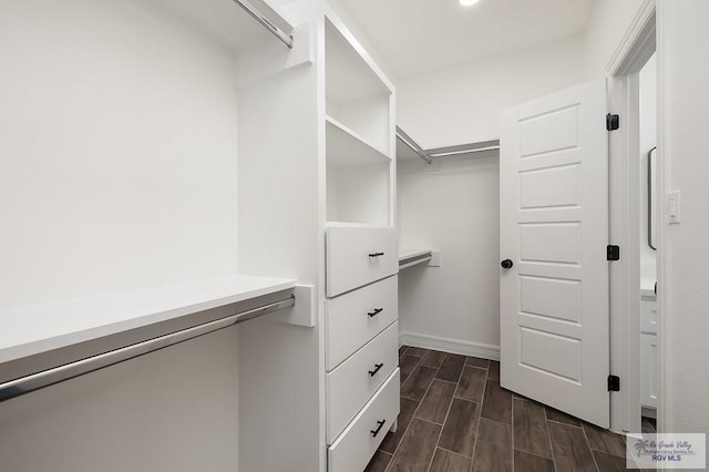 spacious closet with dark wood-type flooring