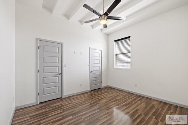 unfurnished bedroom featuring vaulted ceiling with beams, ceiling fan, and dark wood-type flooring