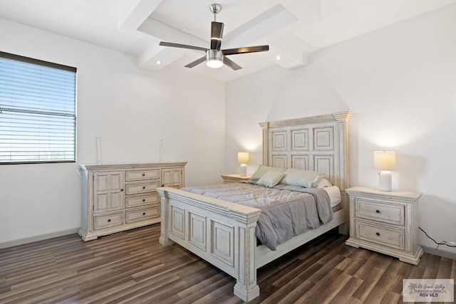 bedroom featuring beamed ceiling, ceiling fan, and dark hardwood / wood-style floors