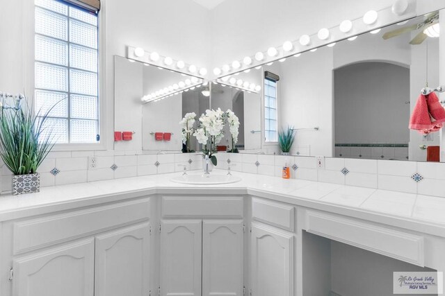 bathroom featuring vanity, tasteful backsplash, and a wealth of natural light