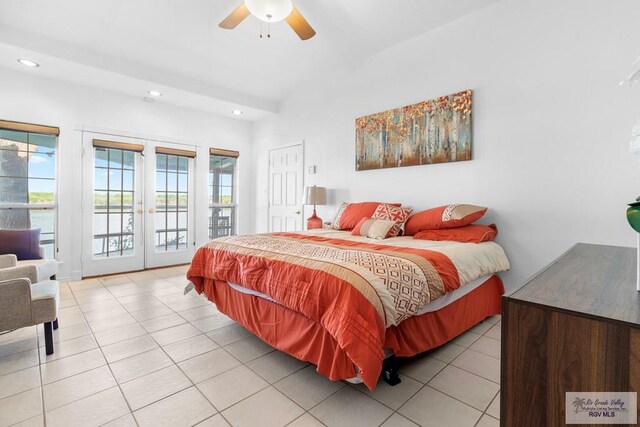 tiled bedroom with access to exterior, french doors, and ceiling fan