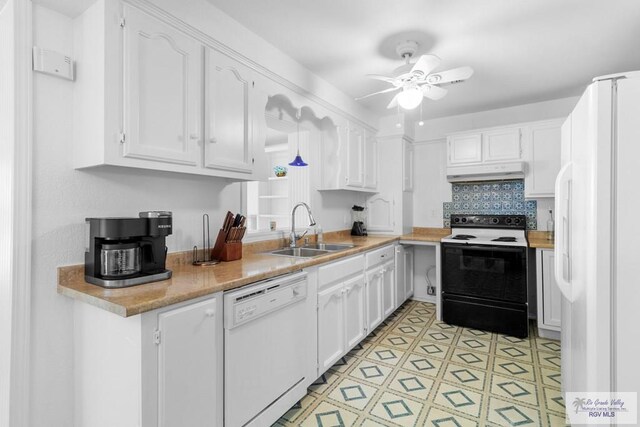 kitchen featuring backsplash, white appliances, ceiling fan, sink, and white cabinets