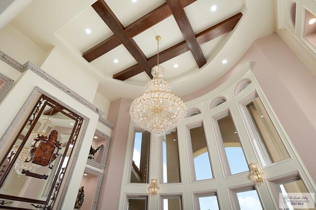 16408 Garrett Rd, Harlingen, TX 78552 - detailed view of coffered ceiling, beamed ceiling, recessed lighting, and a chandelier