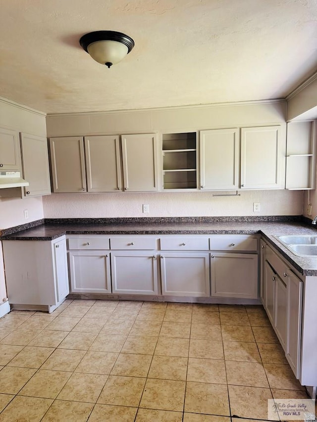 1201 Ben Lora Ln, San Benito, TX 78586 - kitchen featuring open shelves, under cabinet range hood, dark countertops, and light tile patterned floors