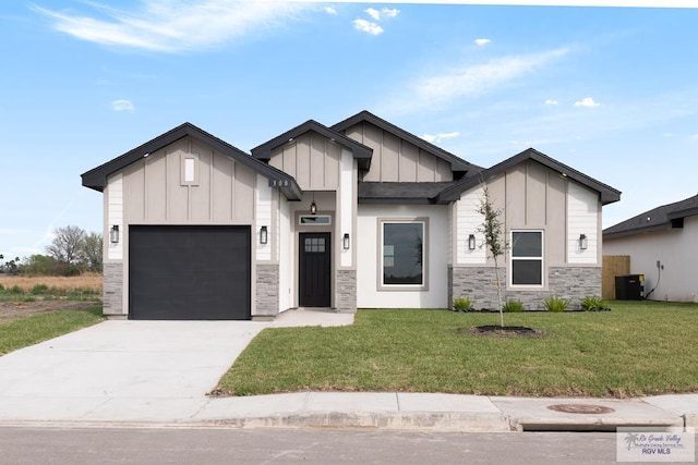 modern farmhouse style home with a front lawn, cooling unit, and a garage