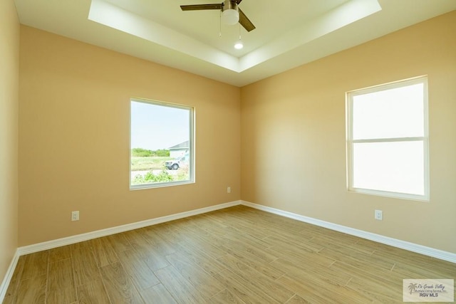 spare room featuring baseboards, light wood finished floors, and a raised ceiling