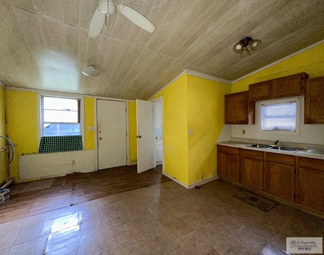 kitchen featuring ceiling fan, a wealth of natural light, lofted ceiling, and sink