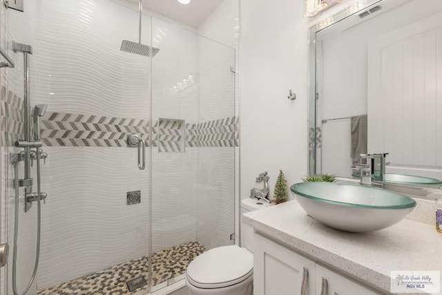 bathroom with vanity, toilet, and a shower with shower door