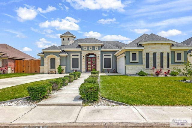 view of front of house with a garage, french doors, and a front lawn