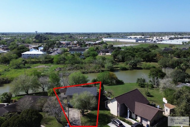 drone / aerial view featuring a water view