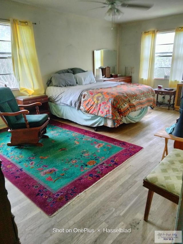 bedroom with a ceiling fan and wood finished floors