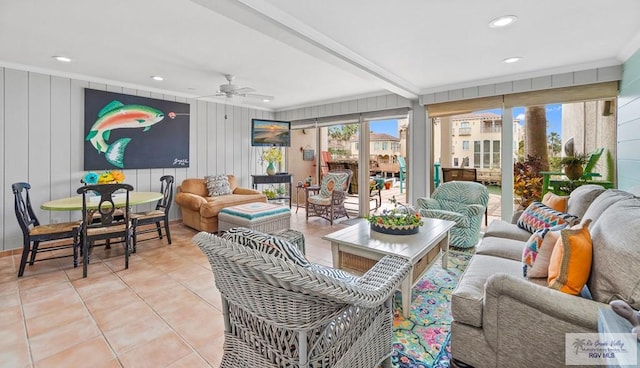 6201 Padre Blvd Unit 106, South Padre Island, TX 78597 - living area featuring ornamental molding, light tile patterned floors, ceiling fan, recessed lighting, and beamed ceiling