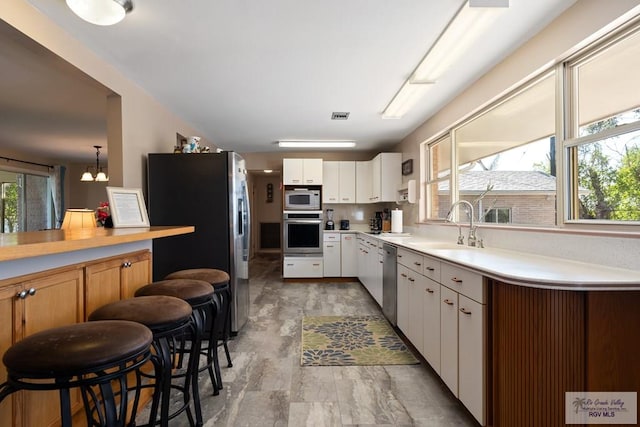 kitchen with stainless steel appliances, a wealth of natural light, a sink, and light countertops