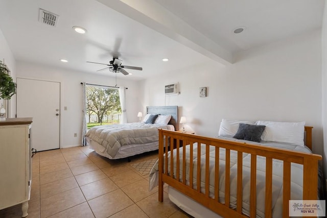 bedroom with light tile patterned floors, a wall mounted air conditioner, visible vents, and recessed lighting