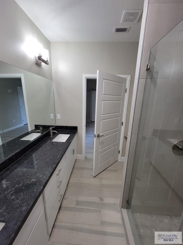 bathroom with vanity and a shower