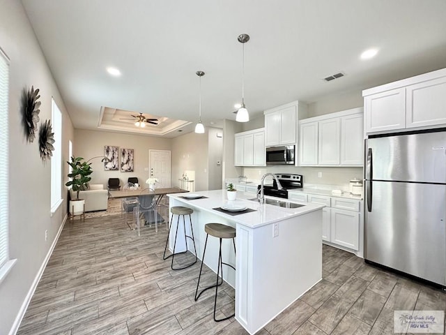 1505 Shavano Dr, Edinburg, TX 78541 - kitchen with stainless steel appliances, a sink, light wood-style floors, open floor plan, and light countertops