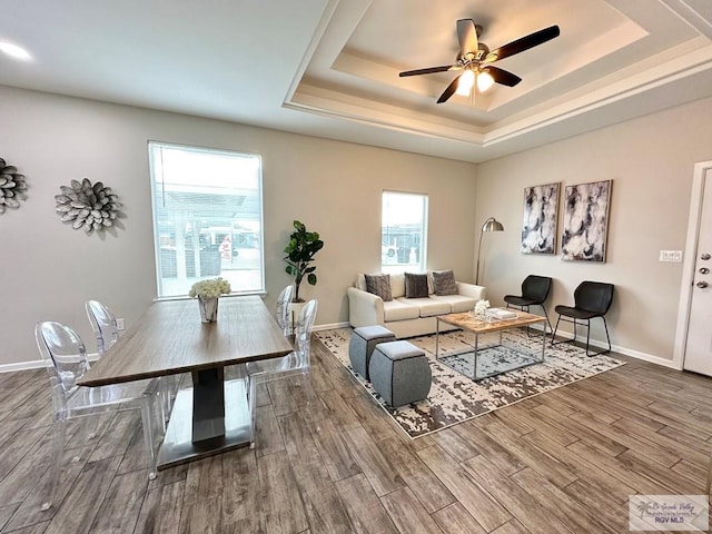 1505 Shavano Dr, Edinburg, TX 78541 - living area featuring a tray ceiling, wood finished floors, and baseboards