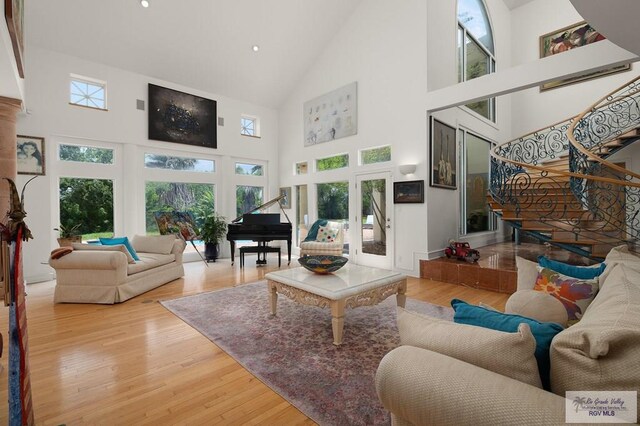 living room featuring hardwood / wood-style flooring and high vaulted ceiling