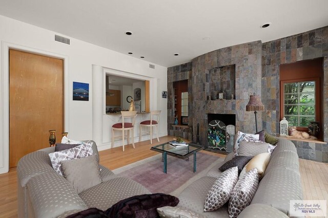 living room featuring a fireplace and light wood-type flooring