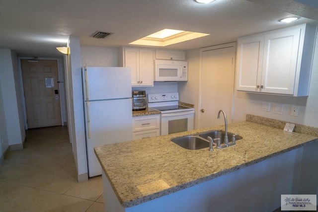 kitchen with white cabinetry, sink, white appliances, and kitchen peninsula