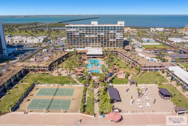 bird's eye view with a water view