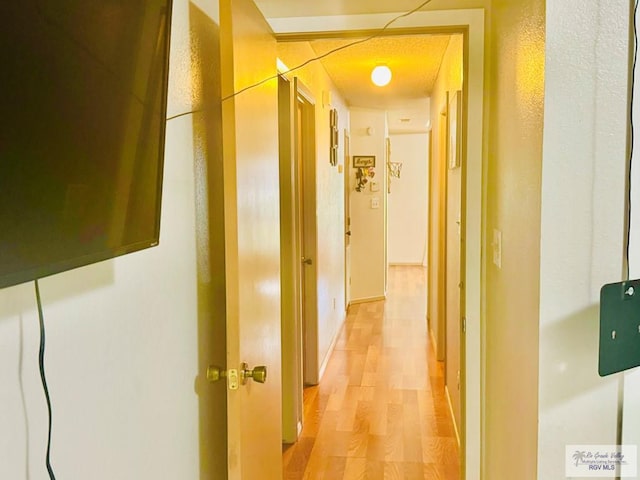 hall with light hardwood / wood-style floors and a textured ceiling