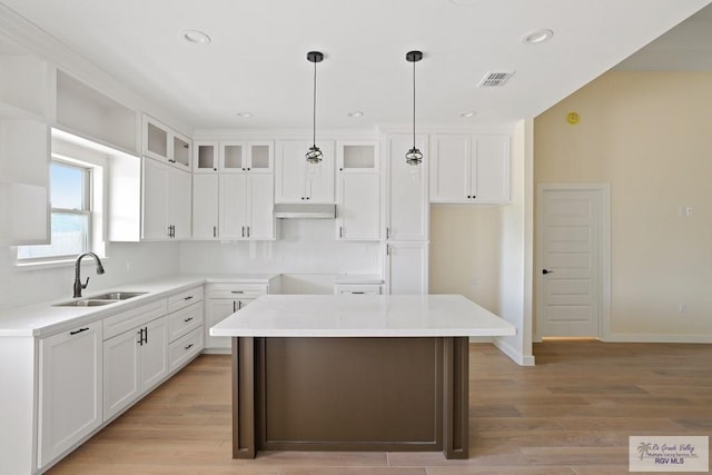 32773 Jorge St, Los Fresnos, TX 78566 - kitchen with glass insert cabinets, visible vents, under cabinet range hood, and a sink