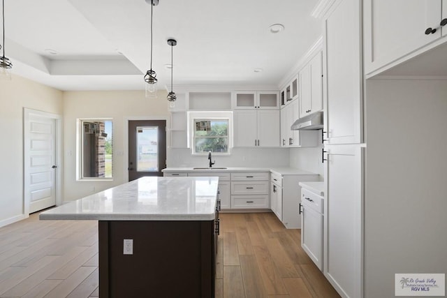 32773 Jorge St, Los Fresnos, TX 78566 - kitchen featuring a sink, under cabinet range hood, light wood finished floors, white cabinetry, and a kitchen island
