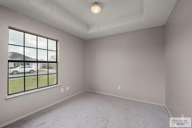 carpeted empty room with a mountain view and a tray ceiling