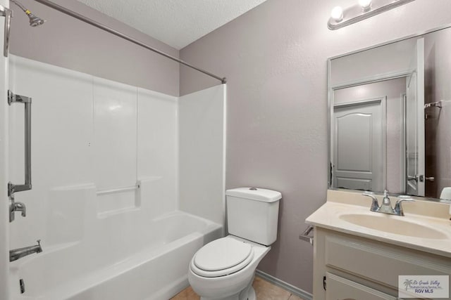 full bathroom with shower / bath combination, vanity, toilet, tile patterned floors, and a textured ceiling