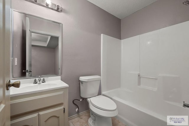 full bathroom with toilet, a textured ceiling, vanity, shower / bath combination, and tile patterned flooring