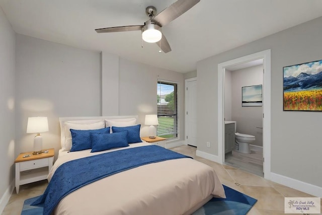 bedroom featuring ceiling fan and ensuite bath