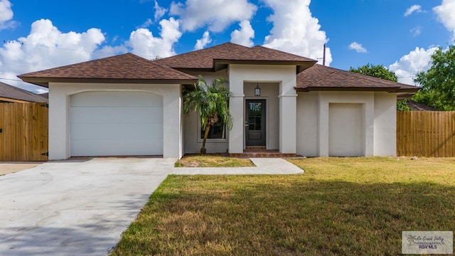 view of front of home with a front lawn and a garage