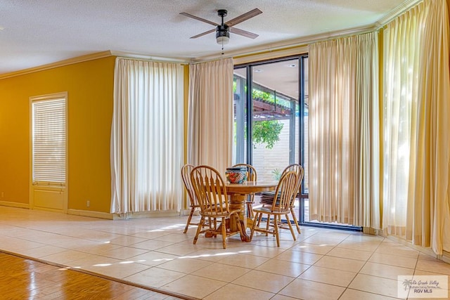 171 Line 17 Rd, San Benito, TX 78586 - tiled dining area with ornamental molding, ceiling fan, and a textured ceiling