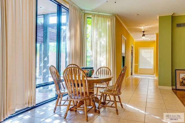 171 Line 17 Rd, San Benito, TX 78586 - dining space featuring crown molding, ceiling fan, tile patterned flooring, and healthy amount of natural light