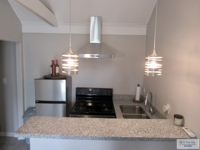 kitchen featuring stainless steel fridge, ornamental molding, sink, electric range, and range hood