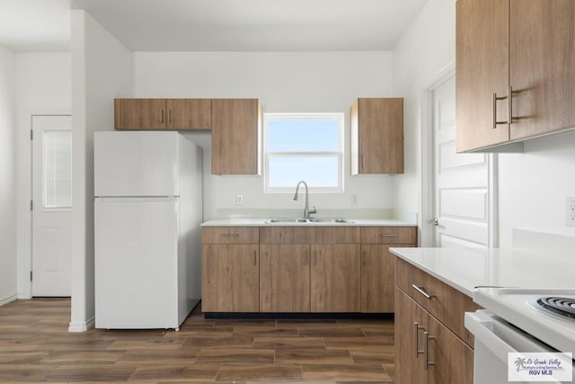 kitchen with dark hardwood / wood-style flooring, white fridge, and sink