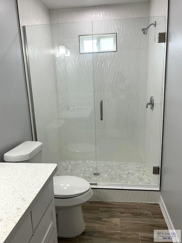 bathroom featuring vanity, a shower stall, and toilet