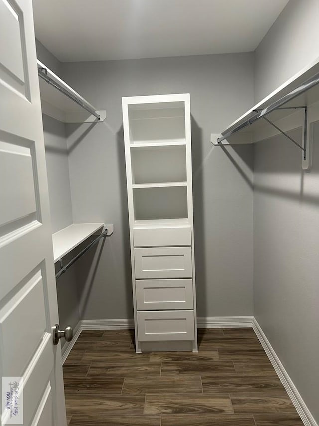 walk in closet with wood finish floors