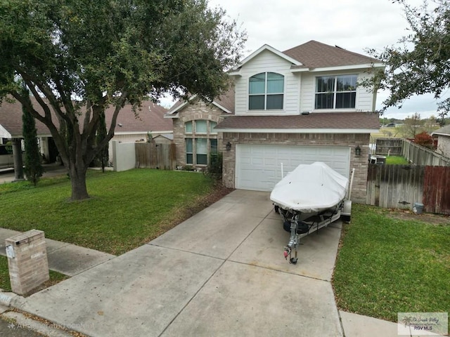 view of front facade featuring a garage, driveway, a shingled roof, fence, and a front lawn