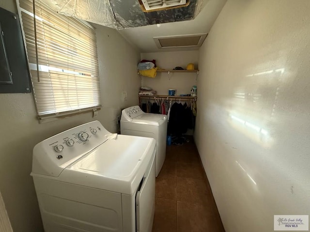 washroom with independent washer and dryer, tile patterned flooring, laundry area, and attic access