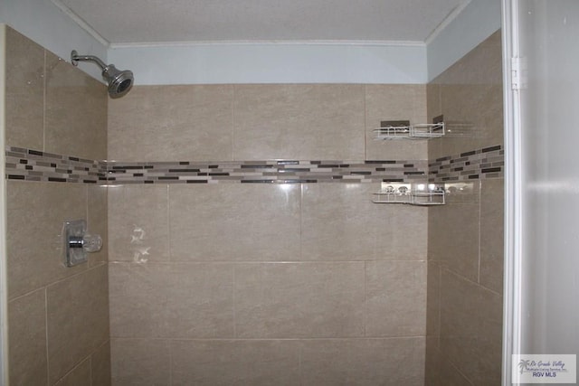 1725 Peach Tree Ct, Harlingen, TX 78550 - bathroom featuring ornamental molding and a tile shower