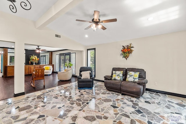 living room featuring lofted ceiling with beams, ceiling fan, and dark wood-type flooring