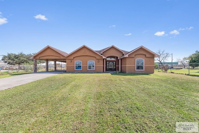 single story home featuring a carport and a front yard