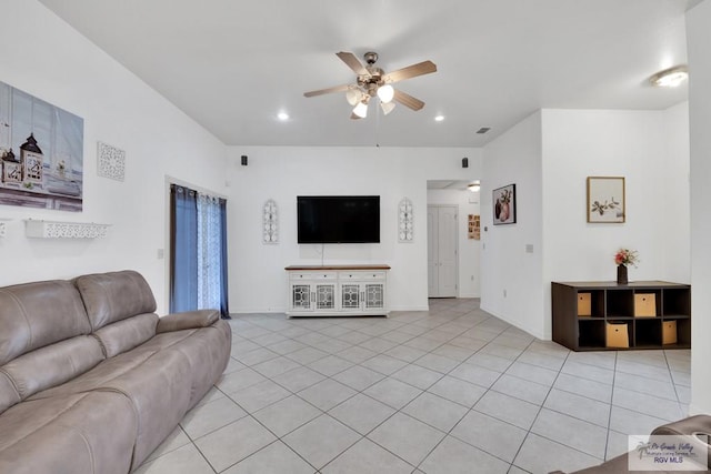 living area with light tile patterned floors, ceiling fan, visible vents, and recessed lighting