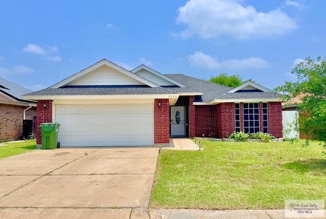 2320 Concord Pl, Brownsville, TX 78520 - ranch-style house featuring brick siding, a front yard, driveway, a garage, and a shingled roof