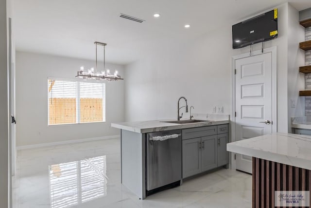 kitchen with stainless steel dishwasher, a sink, gray cabinetry, an inviting chandelier, and marble finish floor