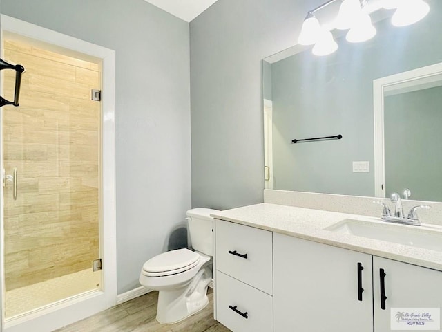 bathroom with vanity, wood-type flooring, a shower with shower door, and toilet