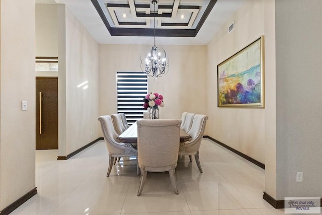 2540 Los Portales Dr, Brownsville, TX 78526 - dining room with a chandelier, baseboards, coffered ceiling, beamed ceiling, and light tile patterned floors